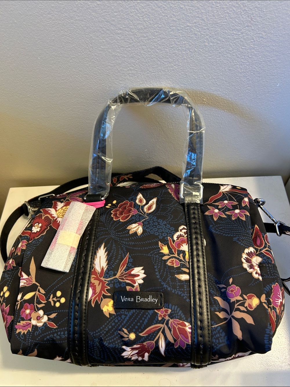 Vera Bradley Black Floral Satchel with Pink and Yellow Accents